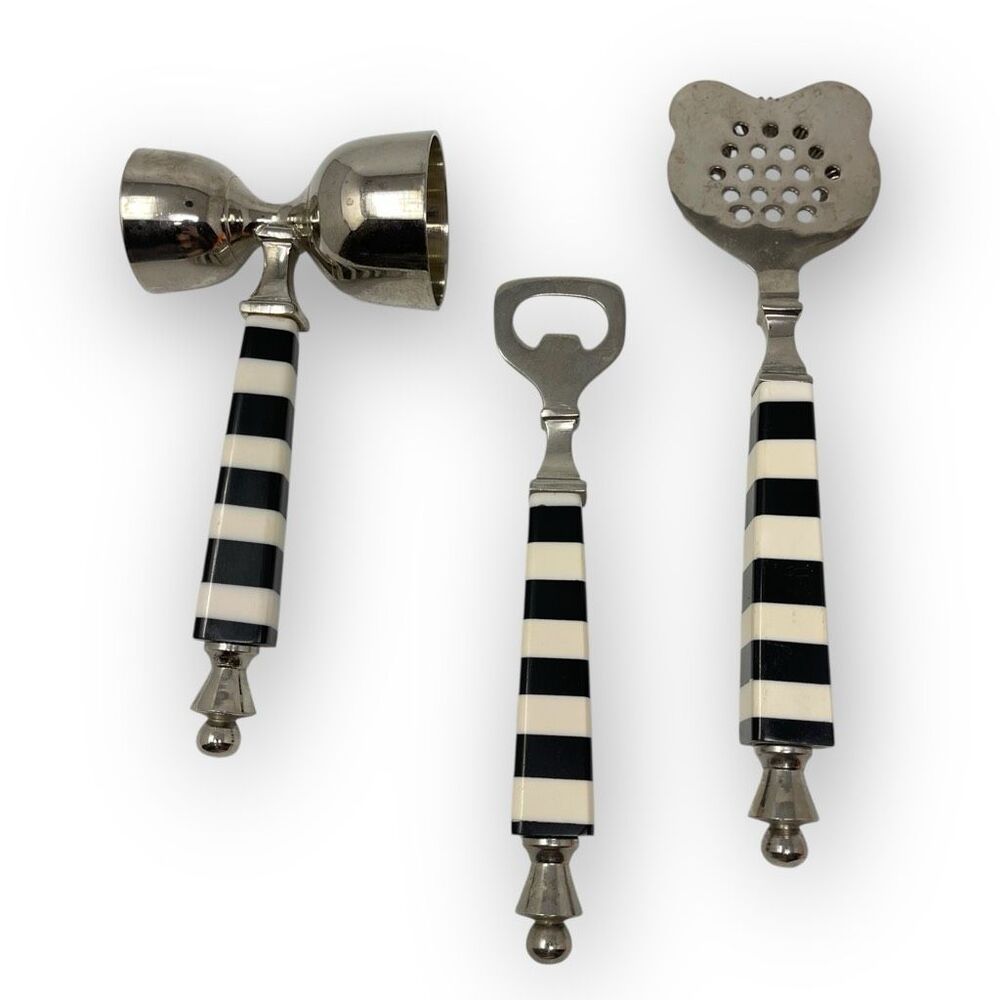 Darren Ransdell Set of 3 Metal Bar Tools Black White Stripe Plastic Handles